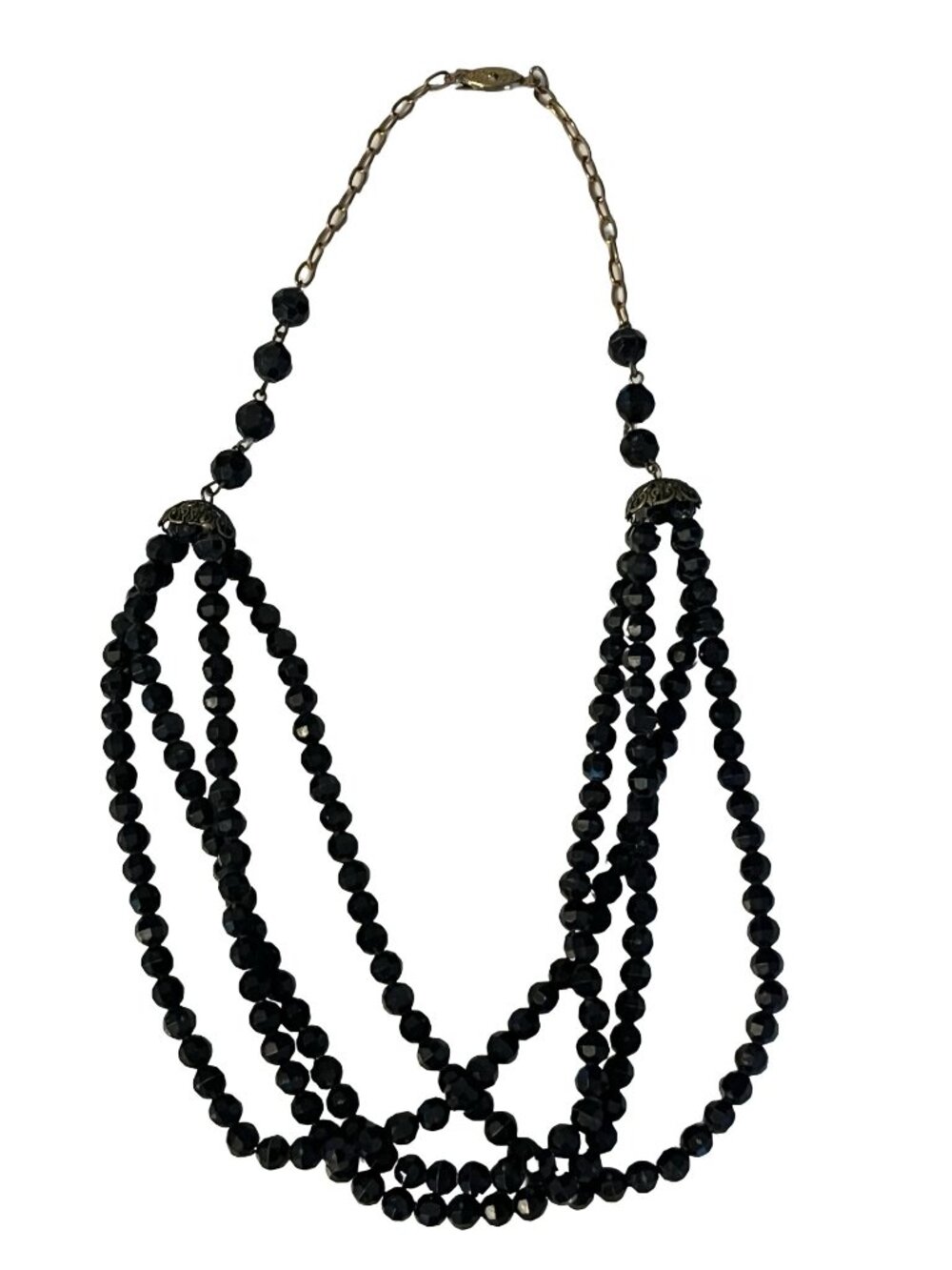 Vintage Black Faceted Glass Bead Necklace Multi Strand Gold Tone 20 Inch Stateme
